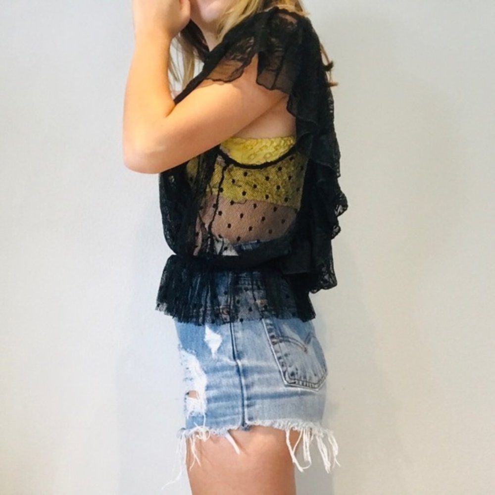 Free People black mesh polka dot ruffle top - Picture 4 of 7
